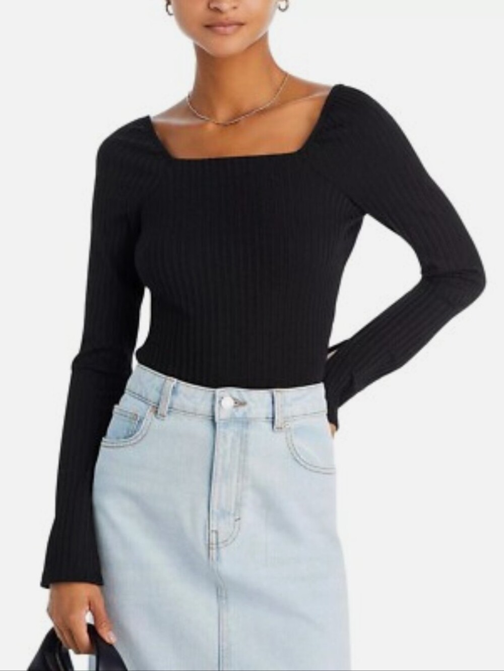 Madewell Black Ribbed Knit Square Neck Long Sleeve Cropped Top, Size S